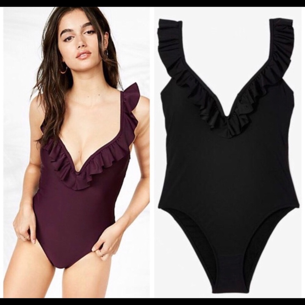 BRAND NEW Express Ruffle V-Wire One Piece Swimsuit, Black, Size S
